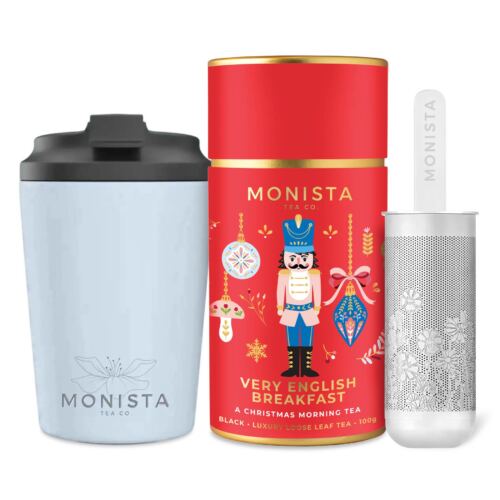 Blue fressko cup with Silver stick infuser and pretty red tea canister