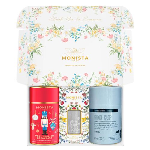 Blue fressko cup with Silver stick infuser and pretty red tea canister