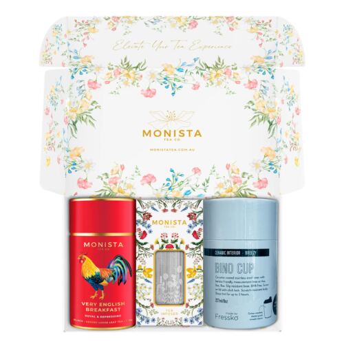 Blue fressko cup with Silver stick infuser and pretty red tea canister