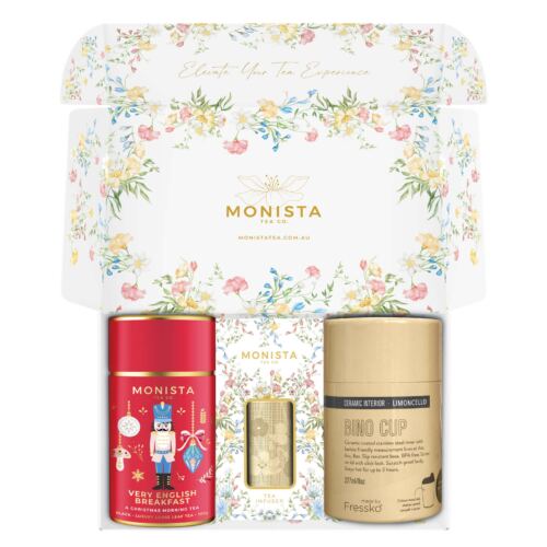 gift box with red tea canister, tea infuser and fressko cup