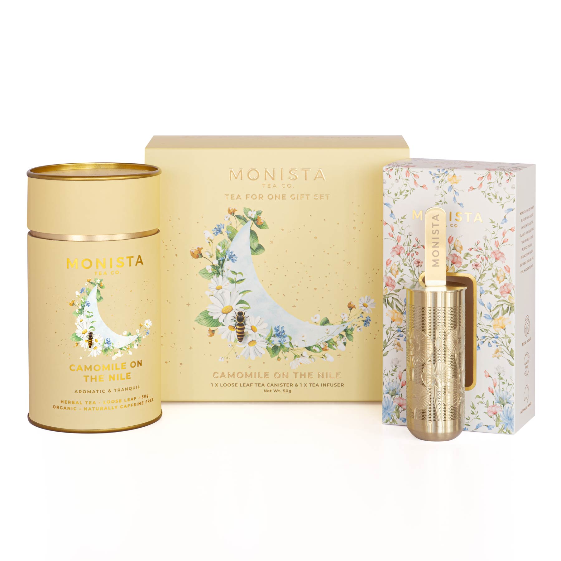 Tea gift set with one yellow tea canister and stick tea infuser