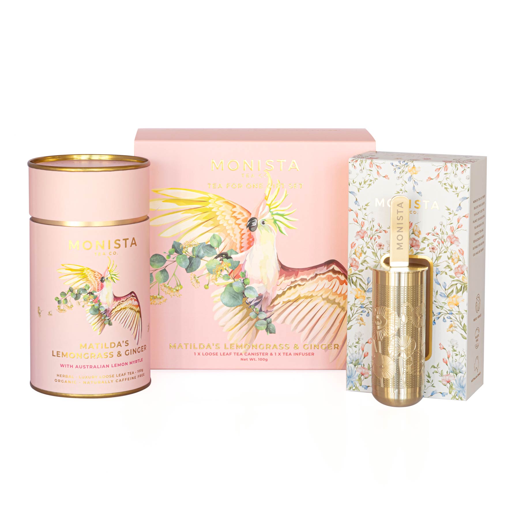 tea gift set with pretty pink canister and tea infuser