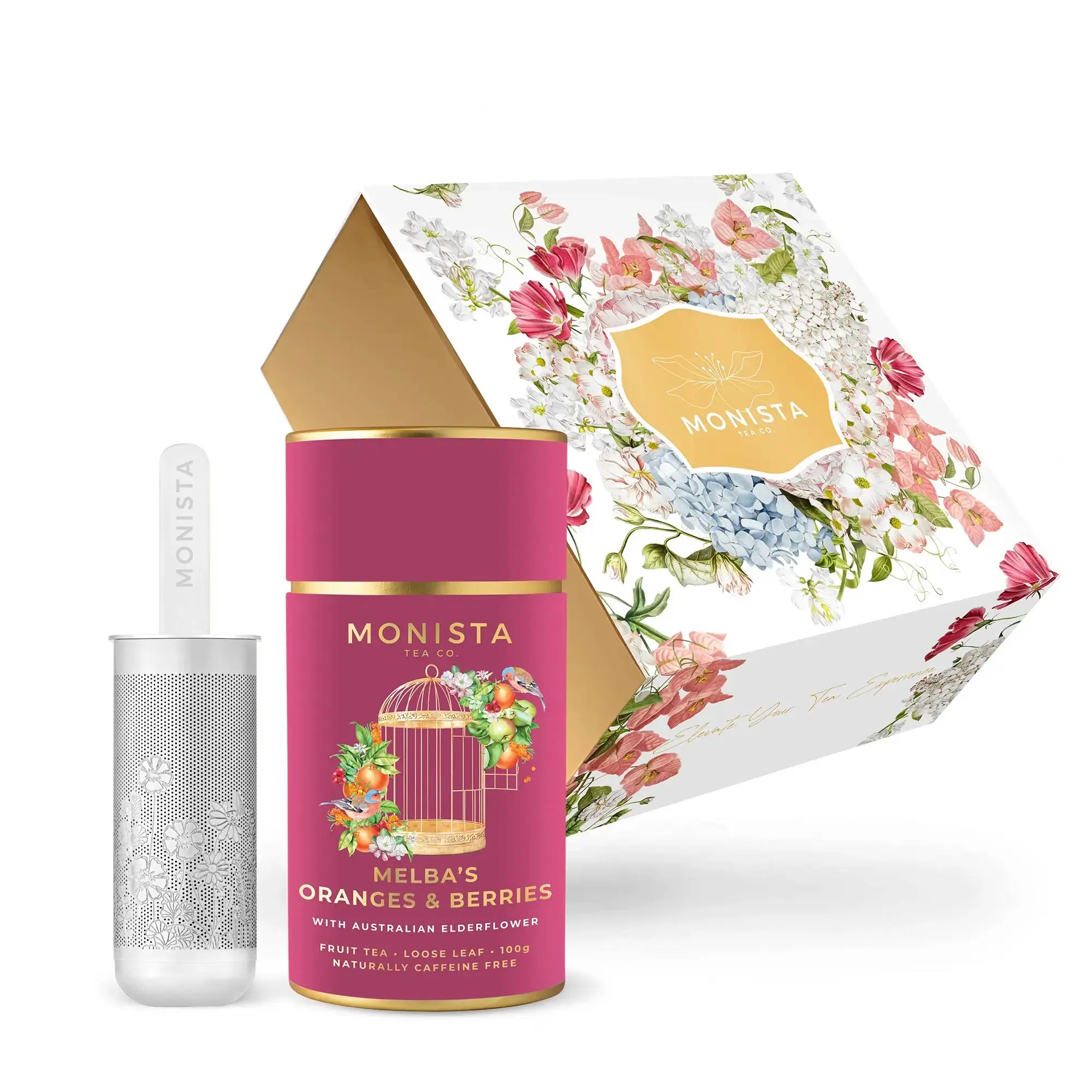 Pretty gift box with silver stick infuser and tea canister