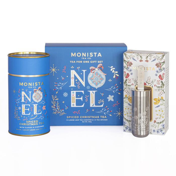 Tea box set with blue tea canister and infuser