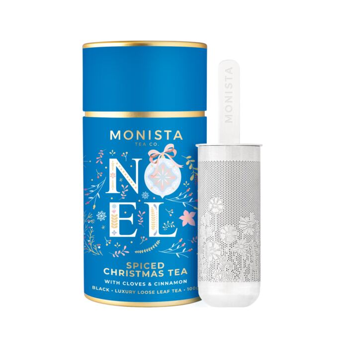 Blue christmas tea canister with silver stick infuser