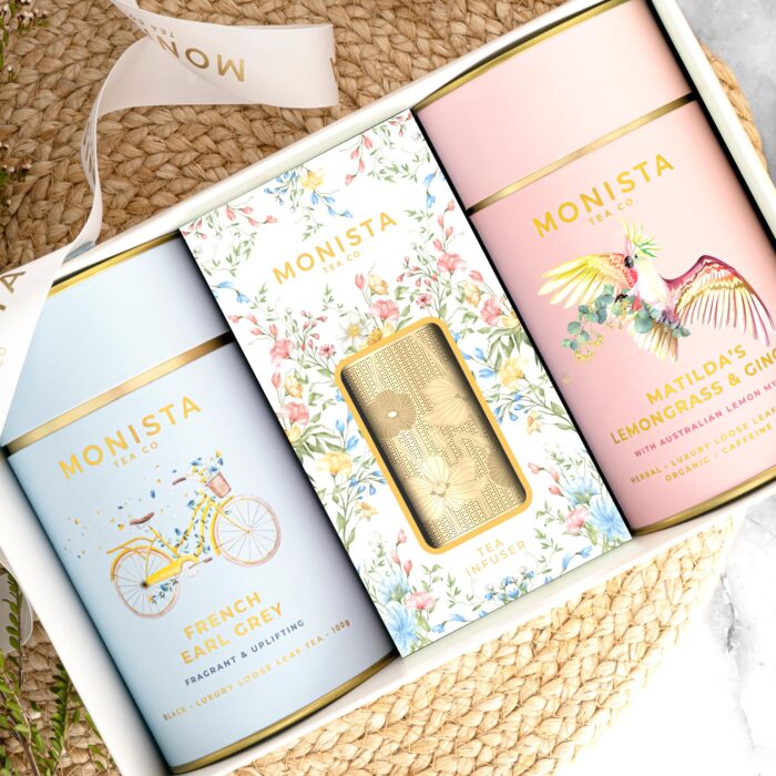 tea gift set with pretty canisters and infuser