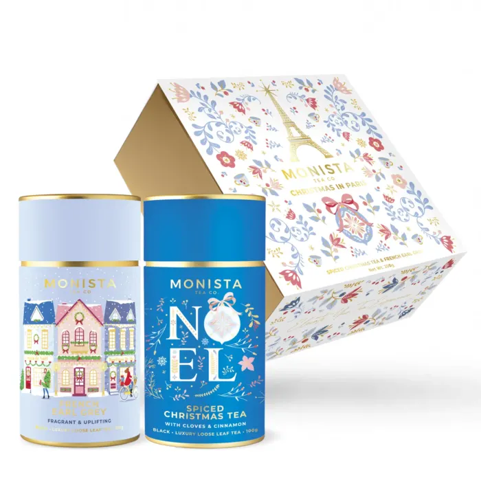 two christmas tea canisters in pretty french themed box