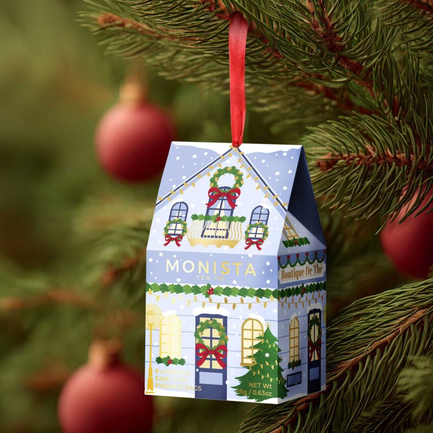 blue christmas tea house decoration hanging on tree